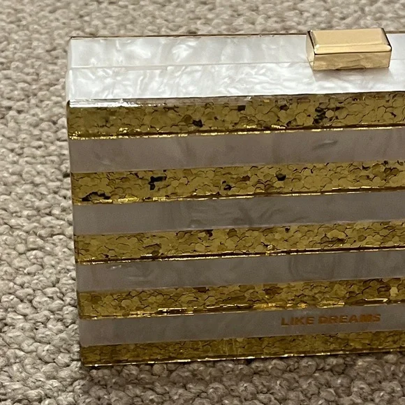 Gold and White Striped Clutch w/Gold Crossbody Chain Strap from Like Dreams - Picture 3 of 16